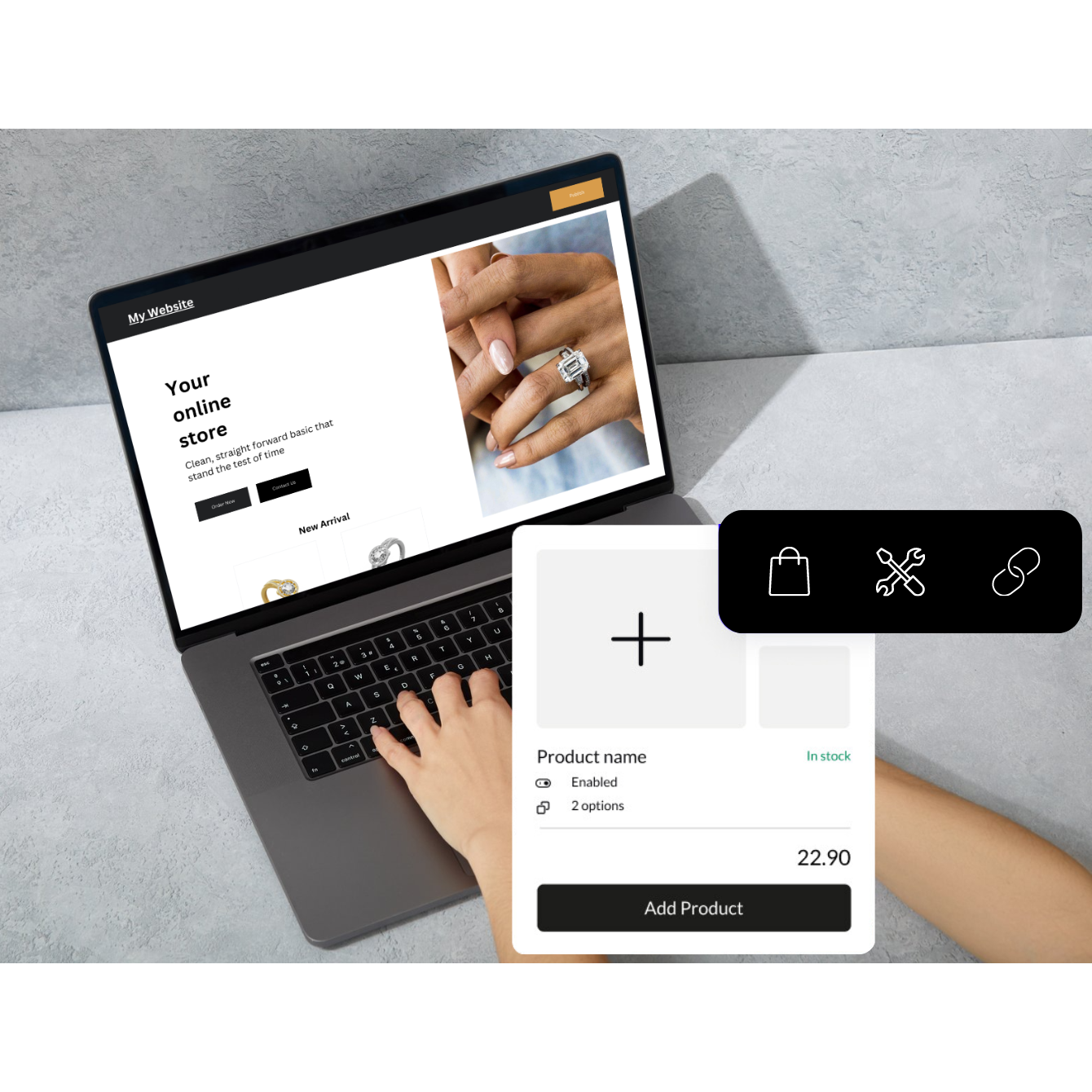 Display of an eCommerce website template in a computer, featuring a product card element.