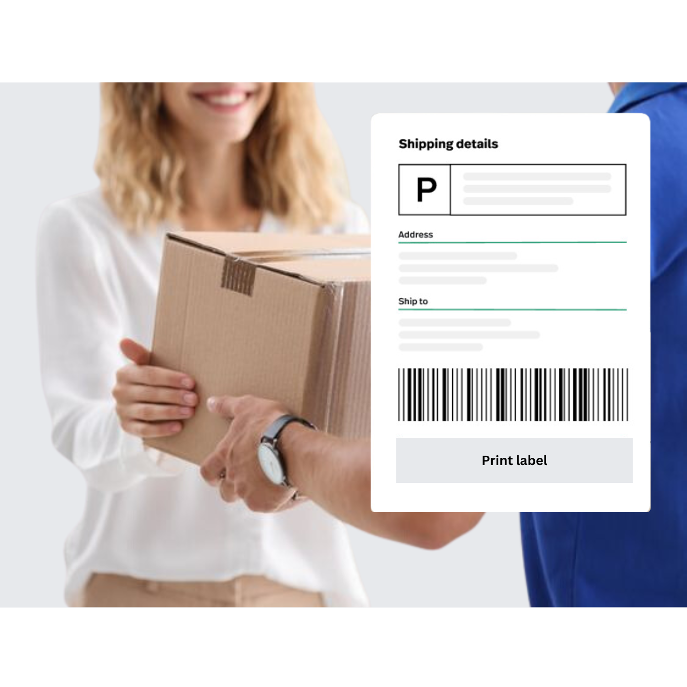 An image showcase a woman receiving a package from a delivery person, featuring with shipping details element displayed.