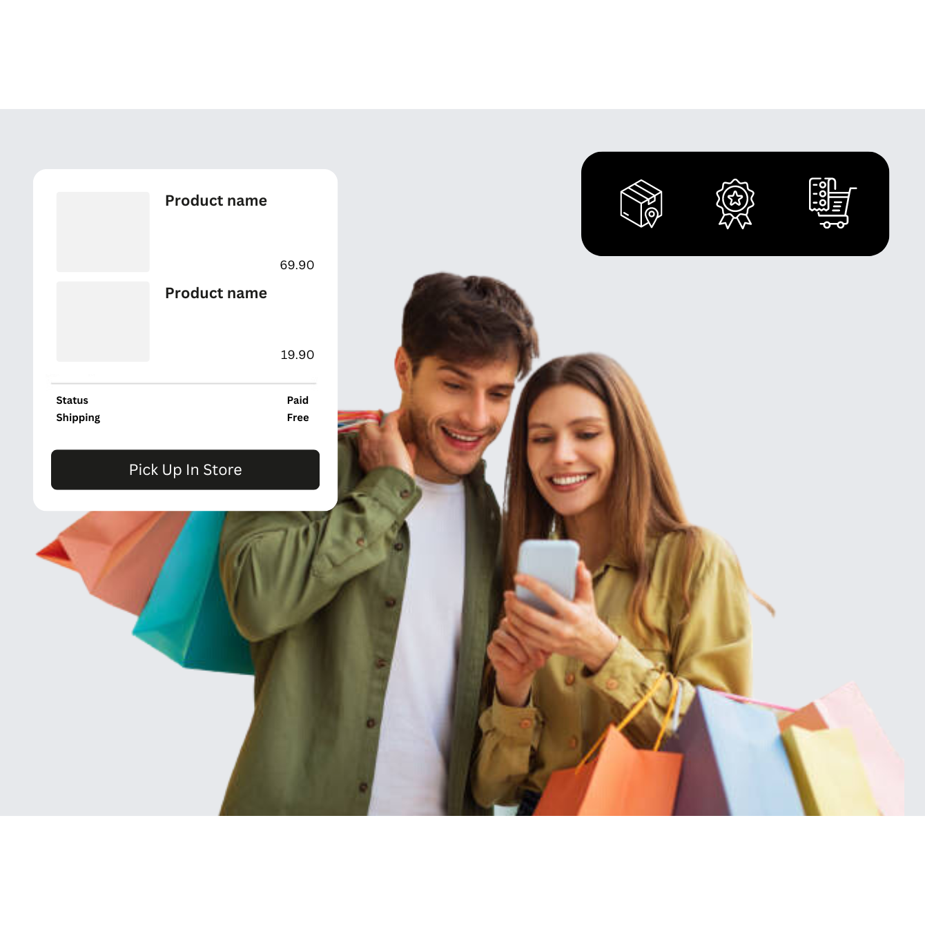 Image of a customer holding shopping bags and looking at her phone, with a 'pick up in store' element displayed.