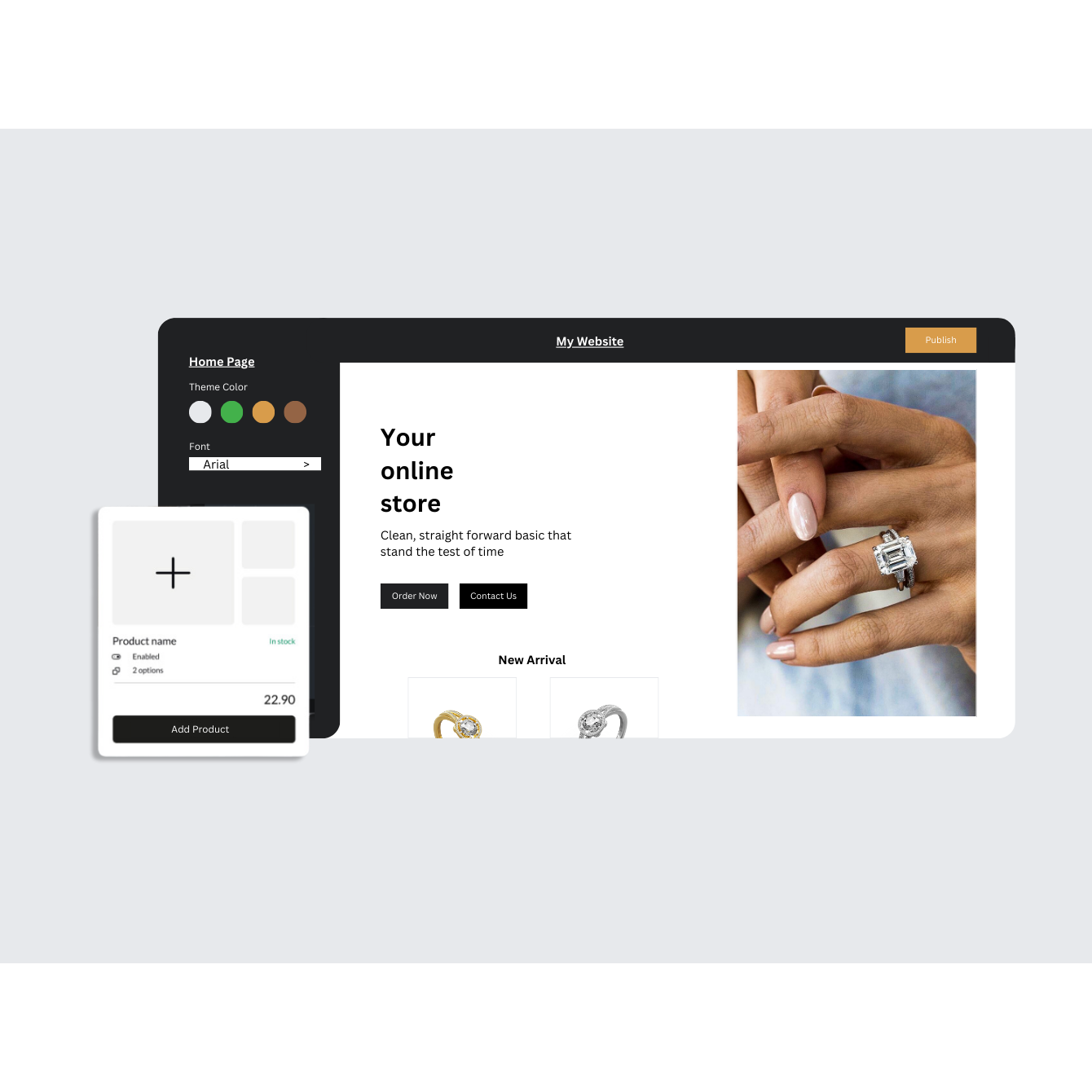 Display of an eCommerce website template, featuring a product card element.