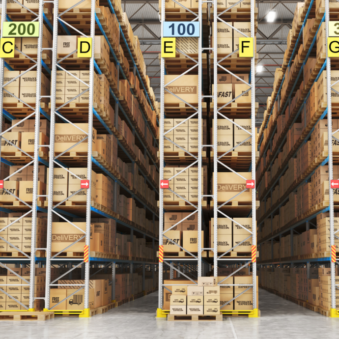 A view of rows of bins in the warehouse.