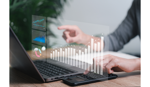 Image of an employee analyzing data on a laptop.