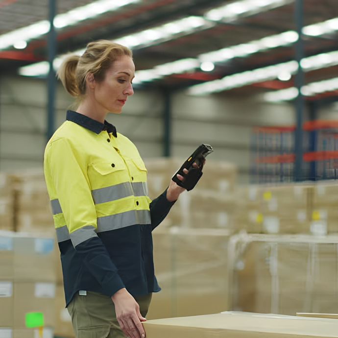 A warehouse staff is using an mPOS device to carry out operations.