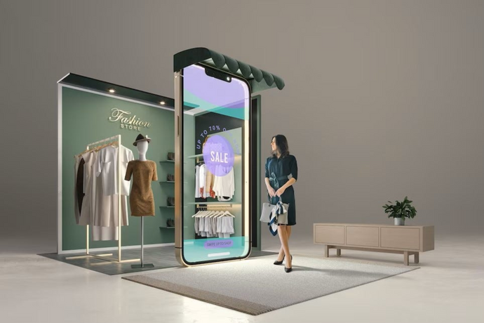An illustration of a clothing store, where the store entrance is represented by a smartphone displaying the online shop. A female customer stands in front of the 'phone door,' highlighting the omnichannel experience.