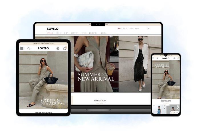 Display of an ecommerce clothing online store on a desktop, tablet, and mobile device.