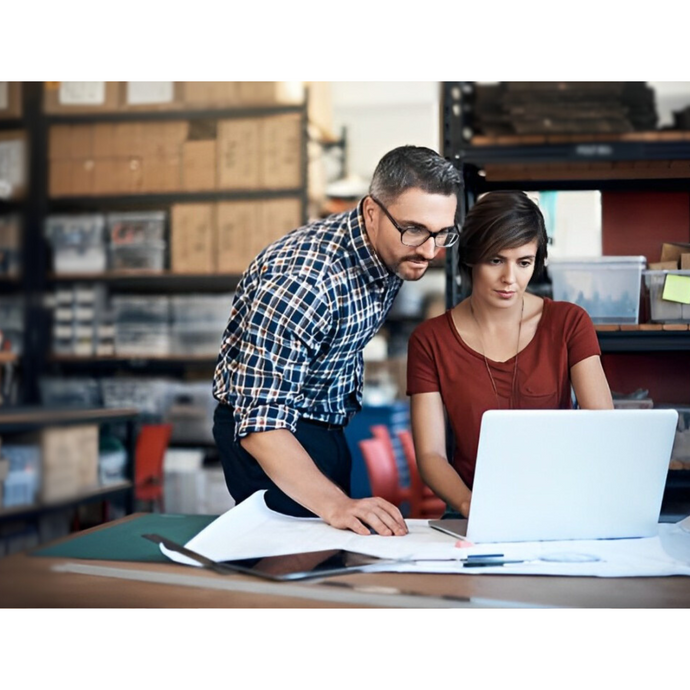 2 business partners looking at laptop to check inventory.