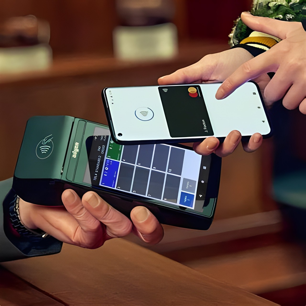 An Adyen POS machine alongside a customer holding a mobile phone for contactless payment.