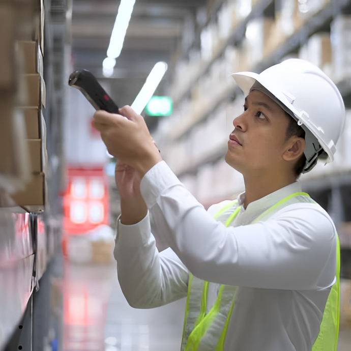 A warehouse employee is using an mPOS device to scan the goods on the shelves.