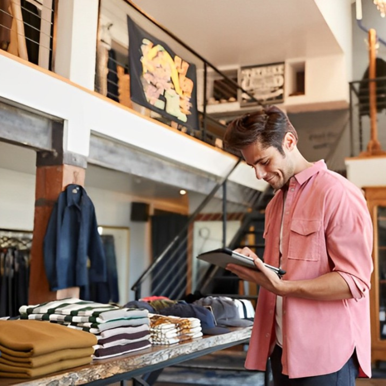 The male clothing store owner is using a tablet to check sales performance.