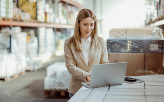 Warehouse manager checking warehouse data on a computer.