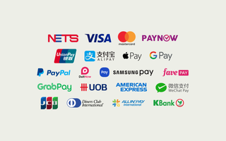 Logos of supported payment providers, including Visa, Mastercard, PayNow, PayPal, WeChat Pay, GrabPay, Alipay, American Express, and more.