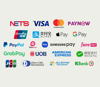 Logos of supported payment providers, including Visa, Mastercard, PayNow, PayPal, WeChat Pay, GrabPay, Alipay, American Express, and more.