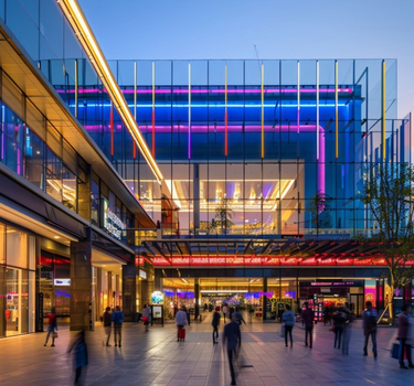Beautiful shopping mall exterior with colorful lights, people entering and exiting through the main entrance.