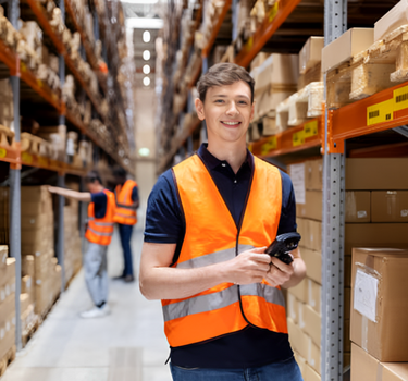 A warehouse staff is holding an mpos device.